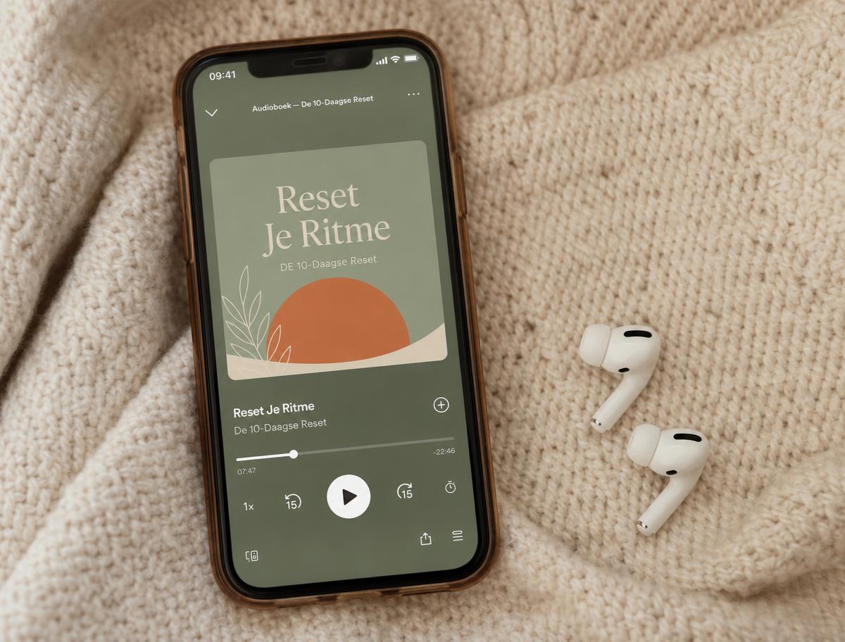 Audioboek van De 10-Daagse Reset op een telefoon met oortjes