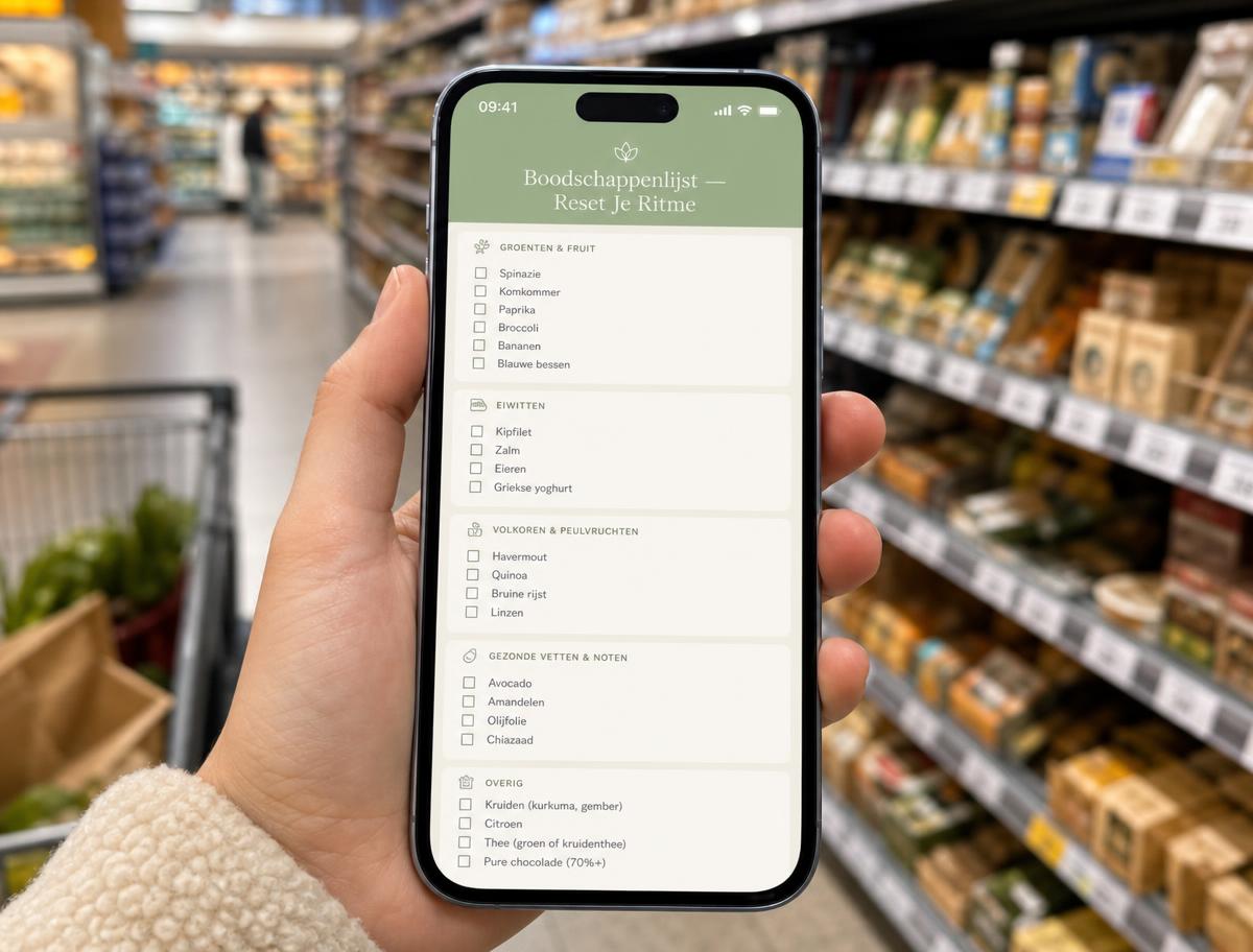 Boodschappenlijst van Reset Je Ritme op een telefoon in de supermarkt
