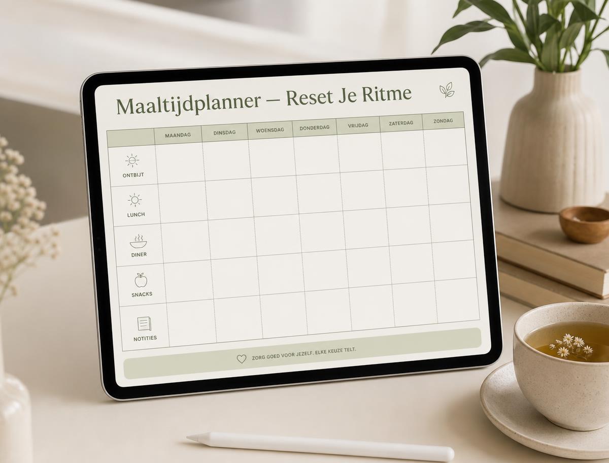 Maaltijdplanner van Reset Je Ritme op een iPad naast een kop thee